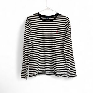 Ralph Lauren Sport Top Shirt Women XL Pima Cotton Black White Stripe Red Pony